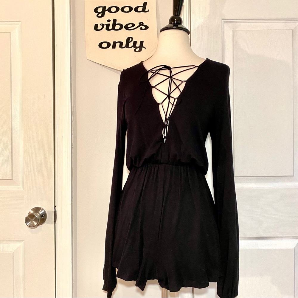ASOS Black Long Sleeve Lace Up Romper 0